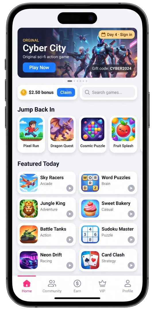PONYGAMES 钱包游戏中心,展示精选小游戏、每日奖励与游戏分类